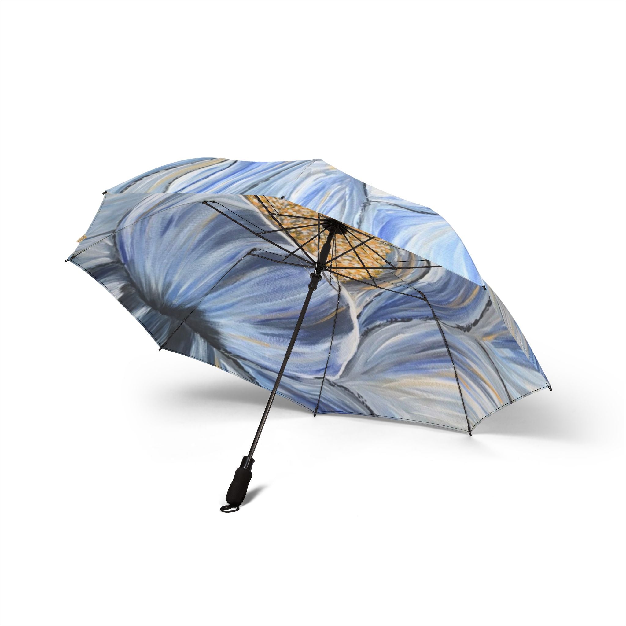 Velvet Current Foldable Umbrella — Blue Abstract Swirl with Gold Center