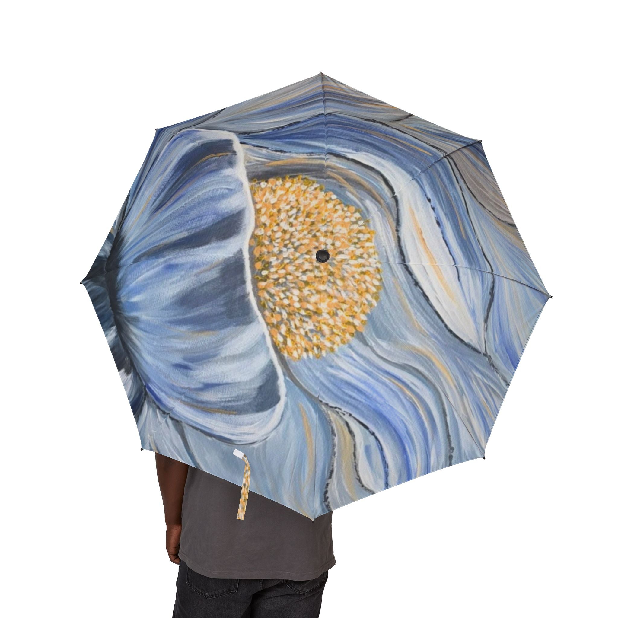 Velvet Current Foldable Umbrella — Blue Abstract Swirl with Gold Center