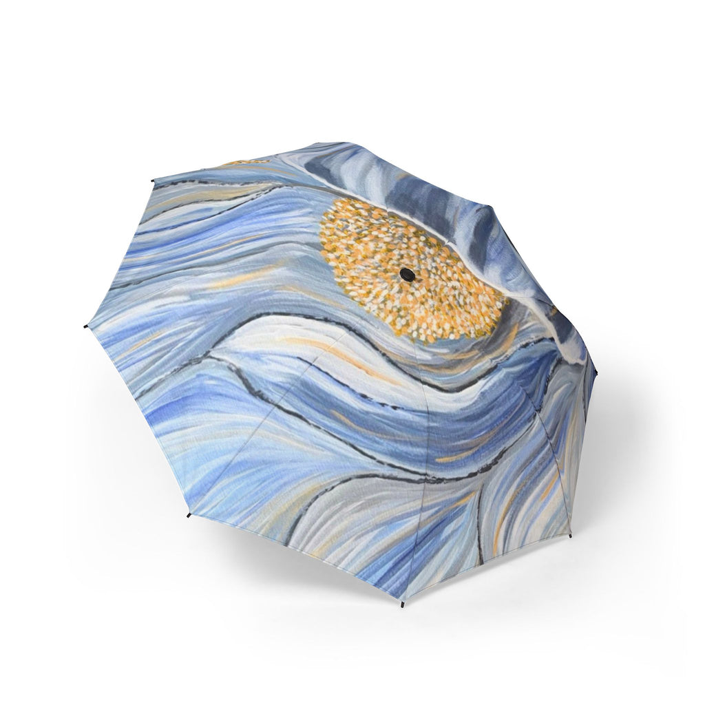 Velvet Current Foldable Umbrella — Blue Abstract Swirl with Gold Center
