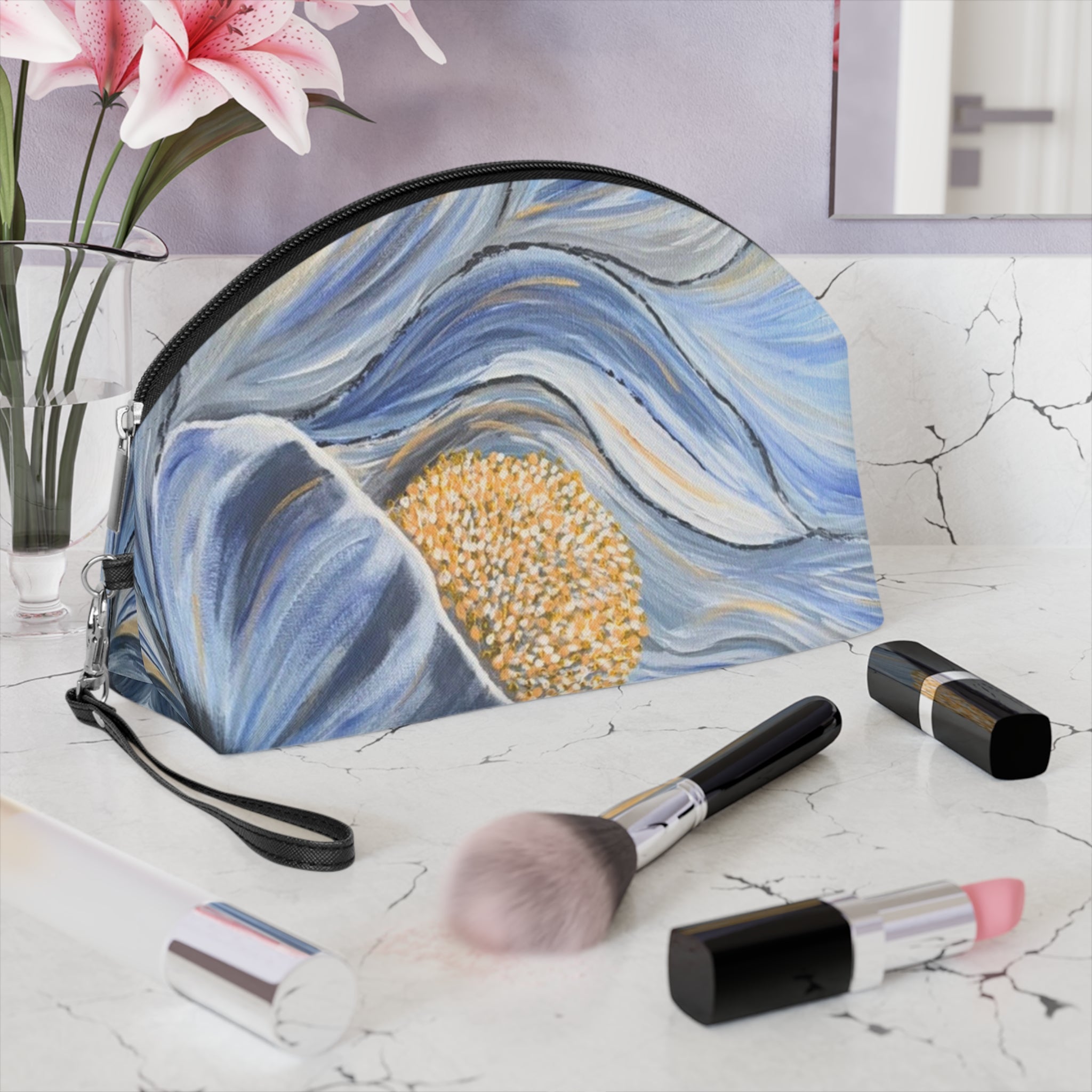 Velvet Current Makeup Bag — Abstract Sunflower Cosmetic Pouch