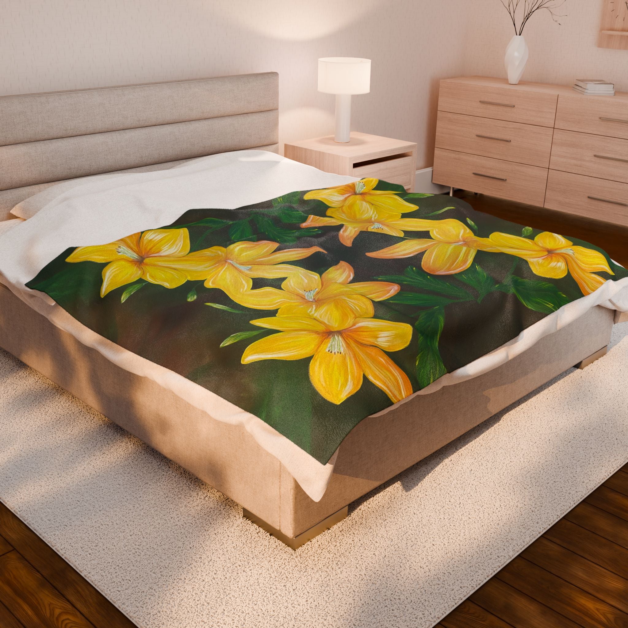 Golden Bloom Plush Blanket Hand Painted Custom Designs Unique