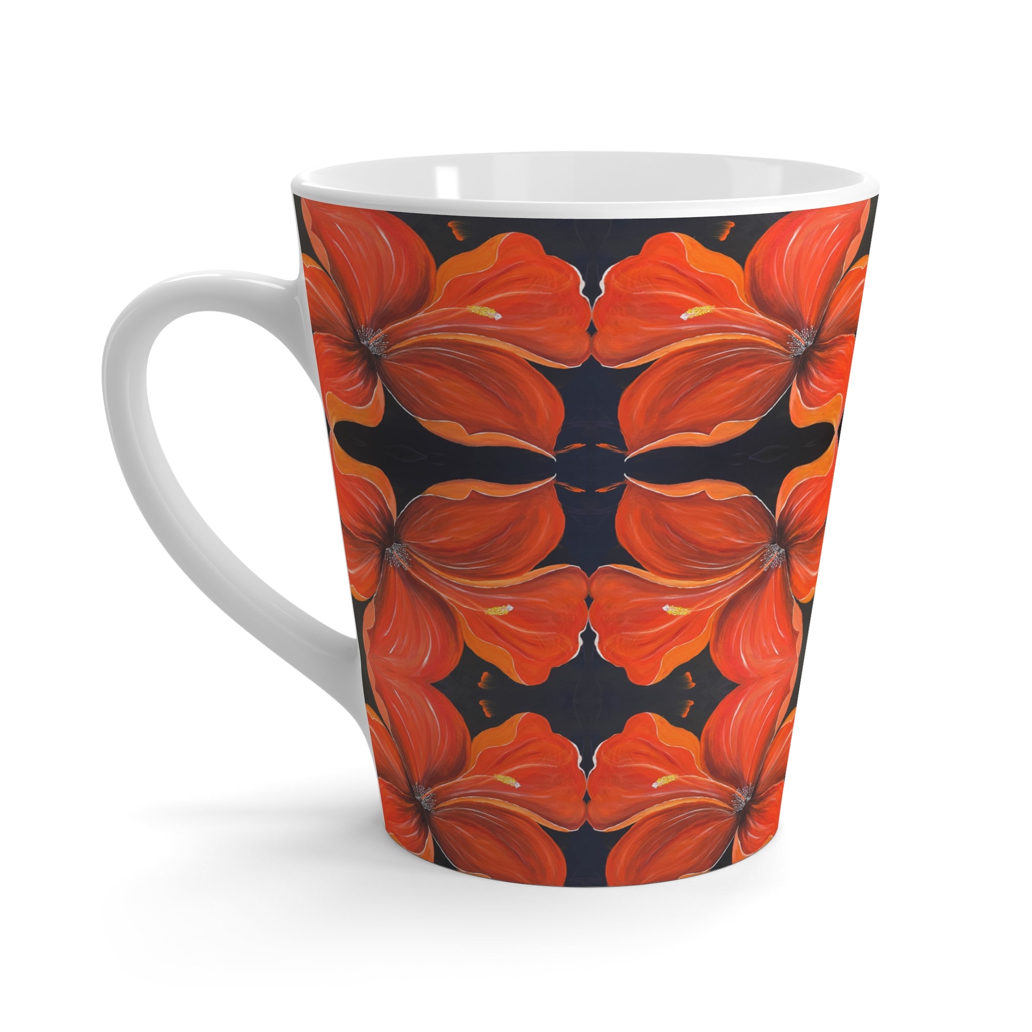 Scarlet Veil Latte Mug — Tropical Floral Coffee Cup, Bright Island Gift
