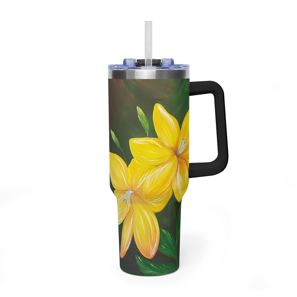 Golden Bloom 40oz  Vacuum Tumbler — Insulated Travel Mug with Straw