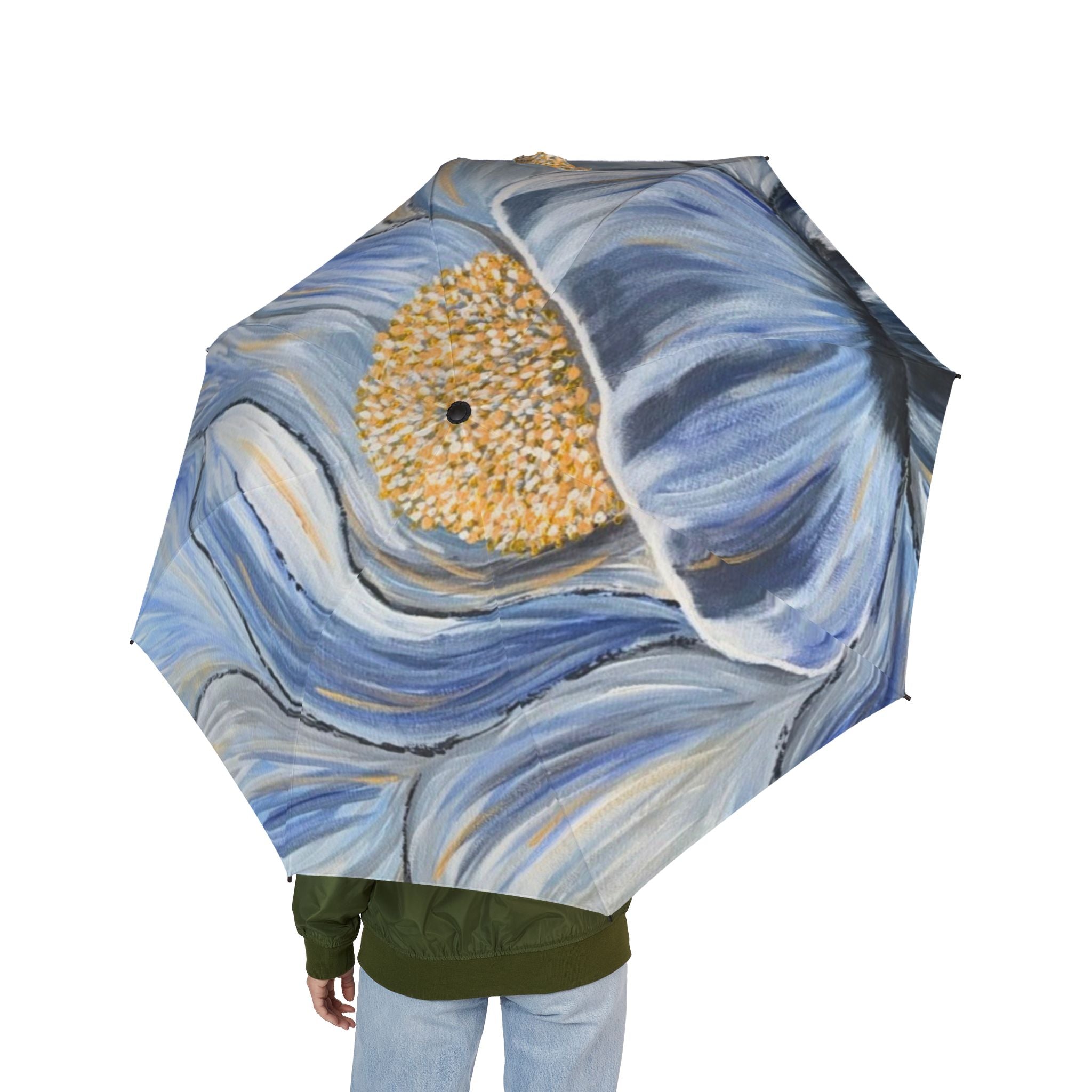 Velvet Current Foldable Umbrella — Blue Abstract Swirl with Gold Center